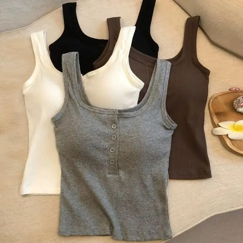 1Pcs Women's Ribbed Henley Tank Top Square Neck Button Front Built-in Bra Sleeveless Camisole — image 8