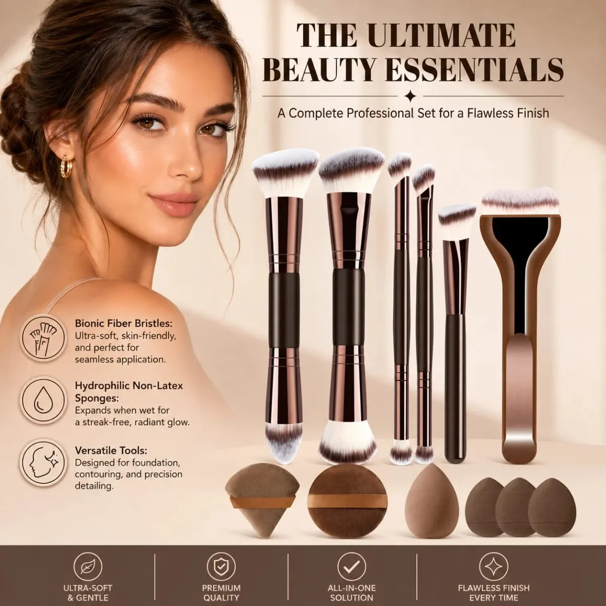 12dílná sada štětců na make-up se 6 plochými a kulatými štětci a 6 houbičkami na podkladovou pudrovou tvářenku a oční stíny
