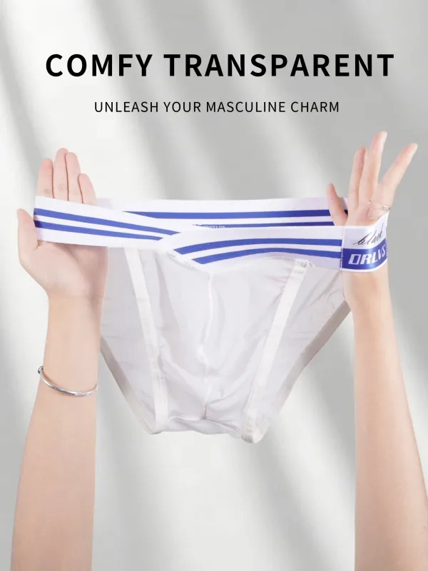 Men's Ice Silk Ultra-Thin Barely-There Mesh Sheer Briefs, Striped V-Shape Elastic Waistband Summer Daily Commute Underwear — image 3