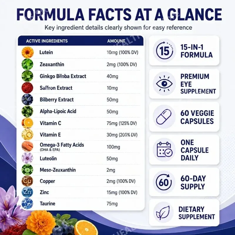 Premium 15-in-1 Advanced Eye Formula with Lutein Zeaxanthin Astaxanthin Bilberry & Saffron Supports Eye Wellness 60 Capsules — image 3