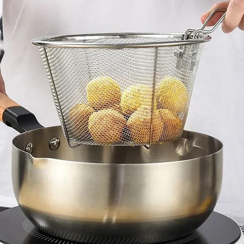 French Chip Frying Strainer Basket Stainless Steel Deep Fry Basket Kitchen Round Fryer Wire Mesh With Handle Wire Colander Nets — image 4