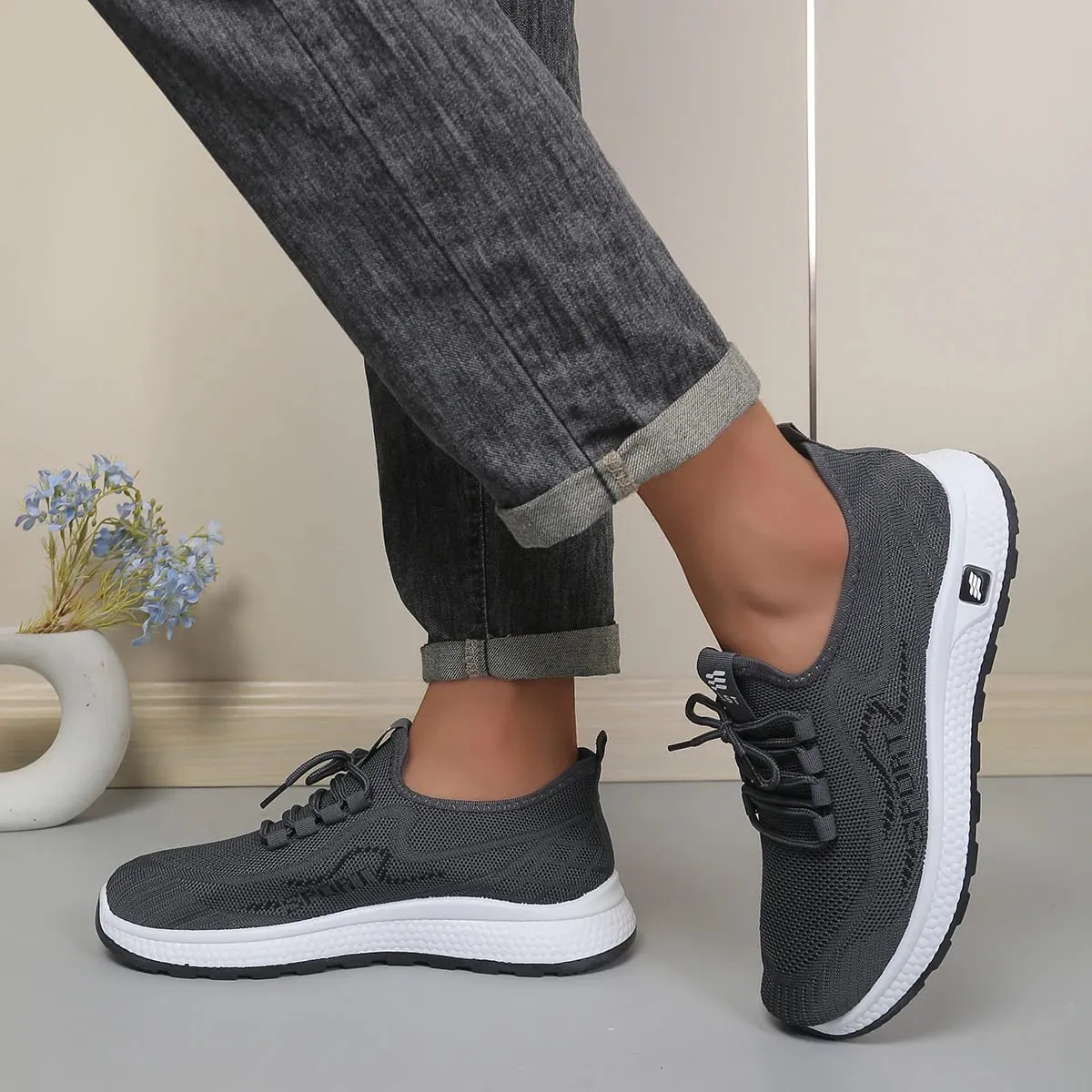 Minimal Solid Hue Men Mesh Lace-Up Footwear Fine Hollow Perforated Knit Upper Bump Carved Black Outsole Versatile Trainer — image 5