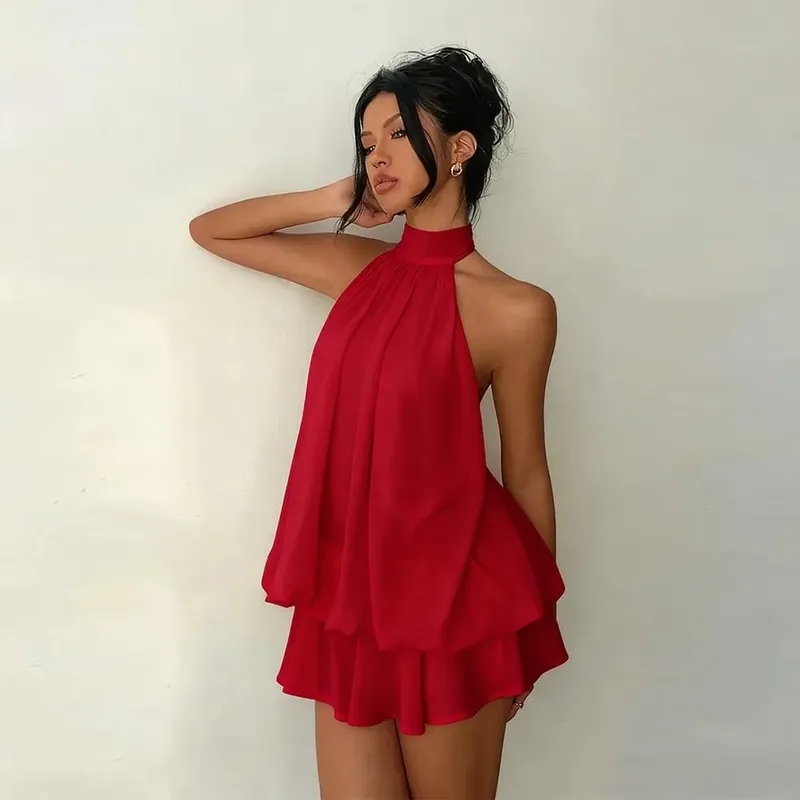 New Halter Tie Party Dress Backless Chiffon Going Out Dresses Sleeveless Ruffle Brunch Outfits for Women