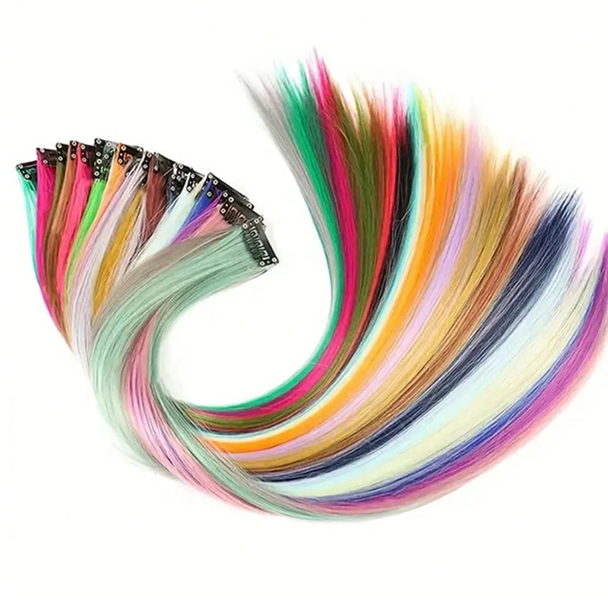 Synthetic Colored Clip In Hair Extensions Straight Highlight Hair Streaks Rainbow Hanging Hair Pieces Hairpiece For Women Party — image 5