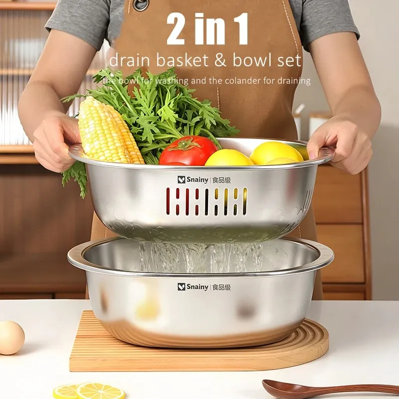 Ultrasonic Polishing Stainless Steel 2 in 1 Bowl and Colander Set Kitchen Fruit and Vegetable Efficient Washing Draing Gadgets — image 6