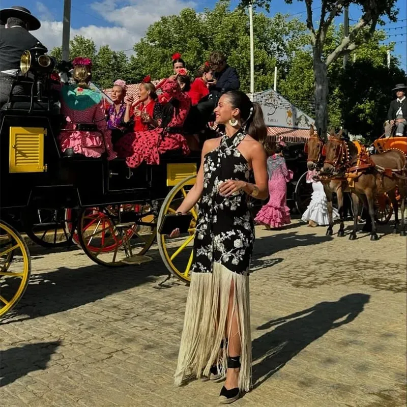 Vintage impressão borla assimétrico vestido longo feminino halter sem mangas sem costas vestidos de festa feminino primavera verão senhora chique robe