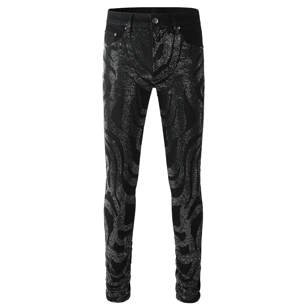 Men Crystal Denim Jeans High Quality Rhinestone Stretch Pants Streetwear Black Skinny Tapered Trousers — image 5