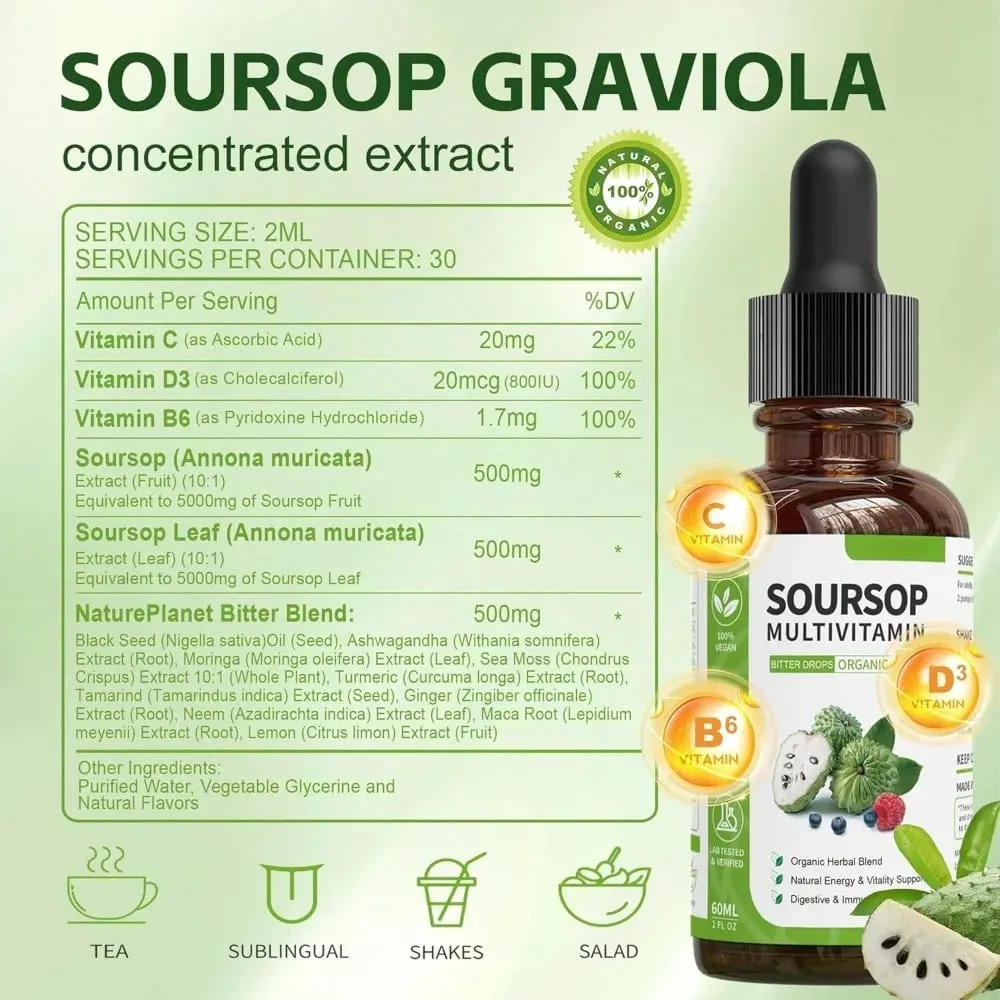Suplemento à base de plantas de extrato de ervas em gotas líquidas de graviola com mistura de frutas e folhas de graviola, fórmula diária de bem-estar vegano — image 4