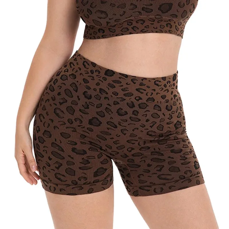 Women Plus Size Leopard Print Workout Set High Waist Tummy Control Shorts Padded Racerback Sports Bra 2PCS Gym Yoga Running Wear