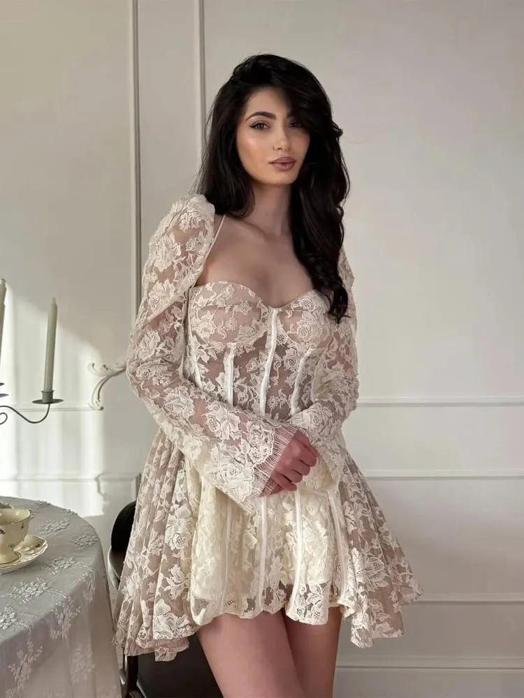Elegant Patchwork Lace Short Dress Women Chic Full Sleeves See Through A-line Slim Dresses 2026 Lady Evening Party Vestidos New — image 2