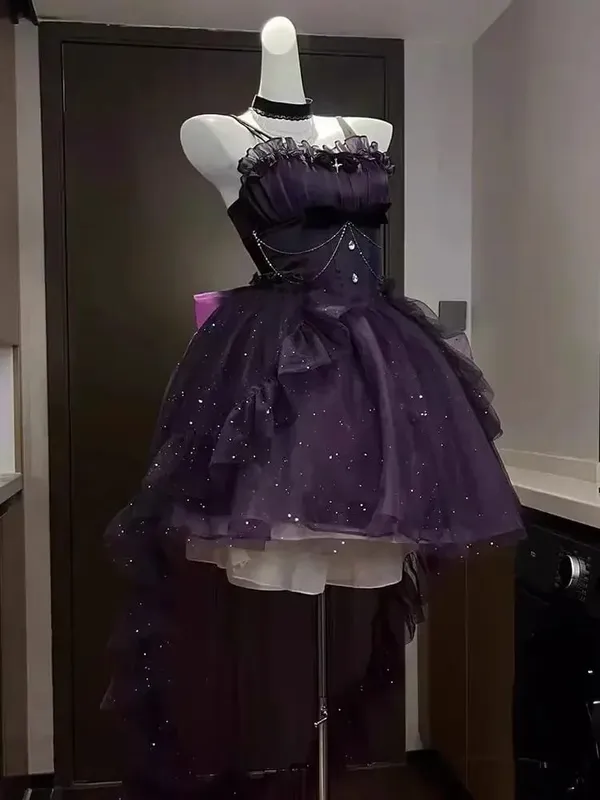 Gotisk Röd Lolita JSK Klänning Dam Spaghetti Band Volang Tyll Kjol Kedja Rosett Dekor Hög Låg Fåll Vintage Princess Festklänning — image 10