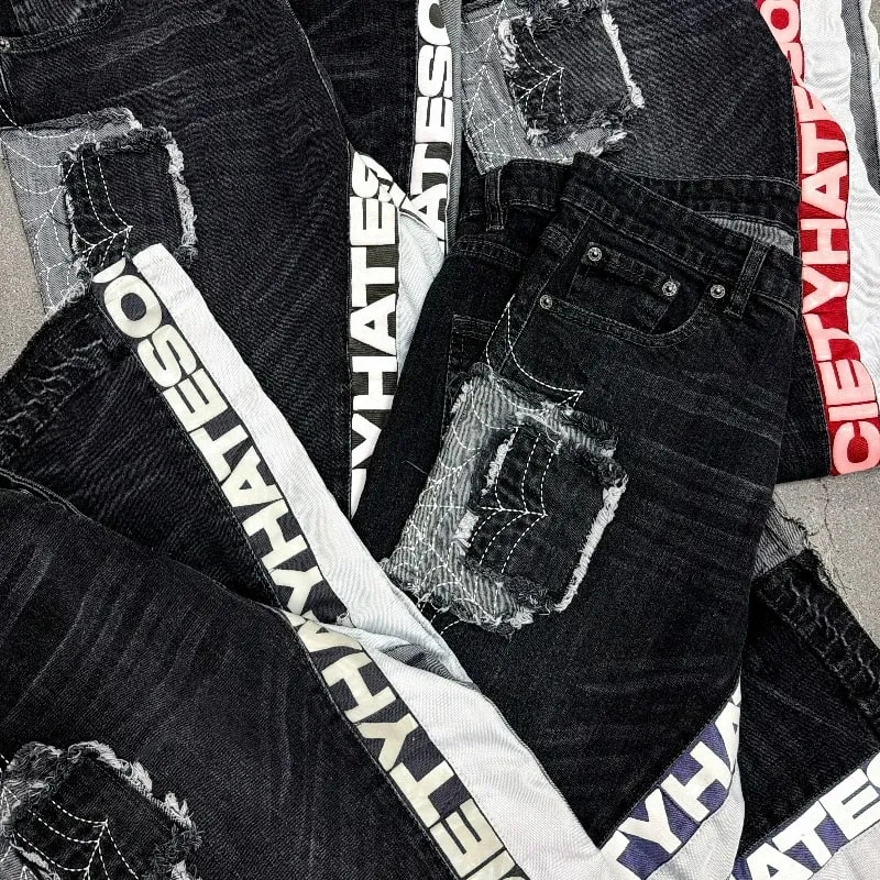 Y2k Hate Society Flared Jeans Men Retro Spider Web Embroidery Washed Jeans American Hip Hop Streetwear Unisex Bootcut Jeans — image 2