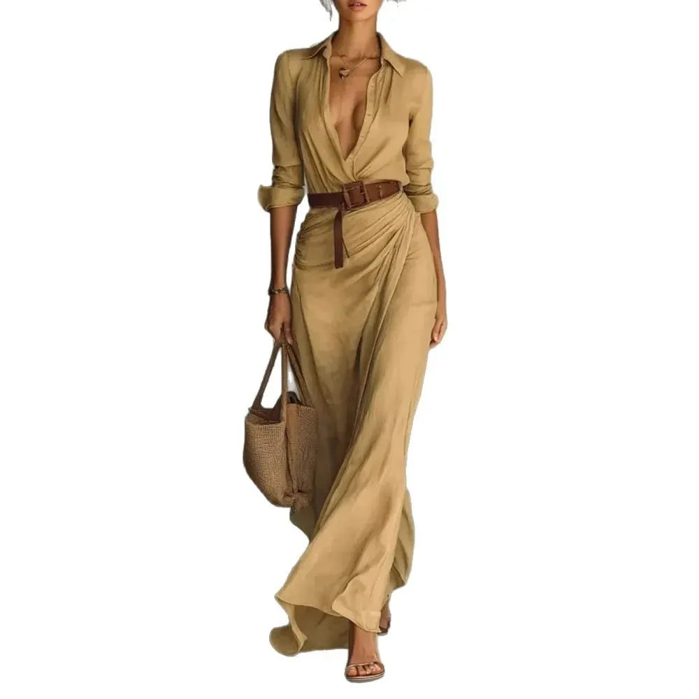 2025 New Autumn Woman Sexy Deep V Neck Hollow Long Dress Elegant Solid Belted Irregular Party Long Sleeve Slim Casual Dresses — image 6