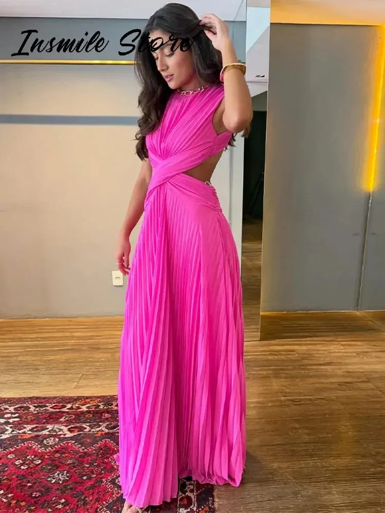 Sexy Hollow Out Long Party Dress Women Pleated Sleeveless Backless A-line Beach Dresses 2026 Summer Lady Chic Solid Holiday Robe — image 2
