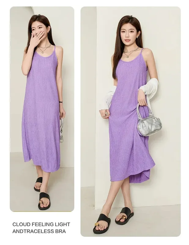 Original Black White Chiba Pleated Suspender Fashion Slimming Dress Pambabaeng Casual All-Match Loose Drooping Dress — image 9