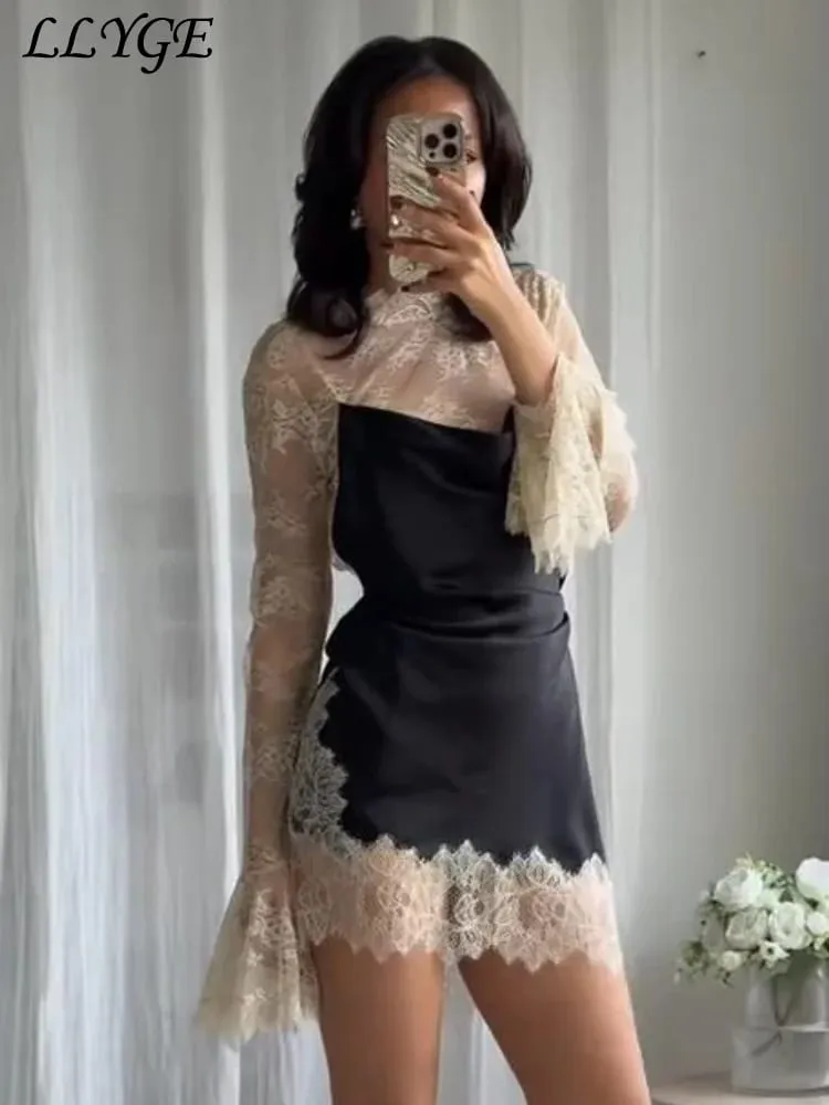 Elegante renda retalhos vestido curto feminino ver através de gola alta manga alargamento vestidos de festa 2025 outono senhora roupões de noite — image 3