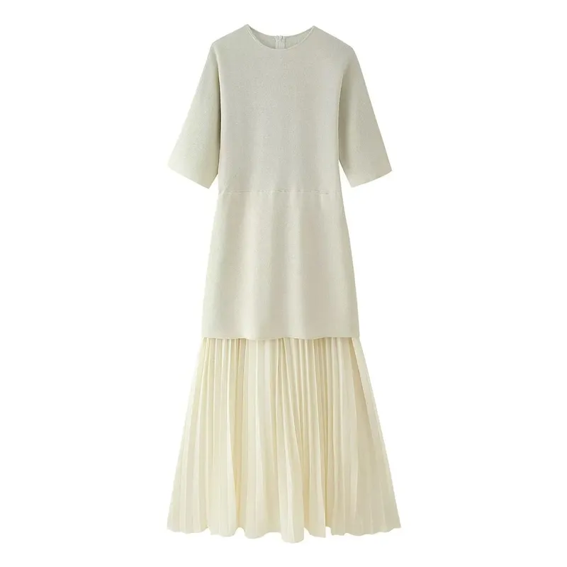 HH Mulheres Elegantes Meia Mangas Gola O Vestido Plissado Primavera Mulher Zíper Traseiro Emenda Vintage Casual Malha Vestido Longo — image 10