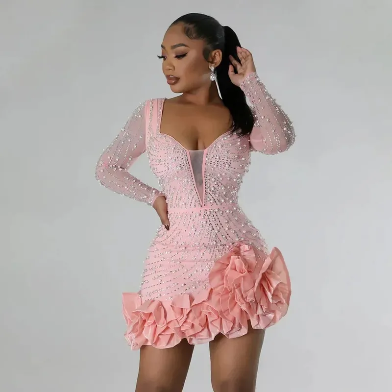 2025 Party Dresses Beading Diamond Long Sleeves Ruffles para sa mga kababaihan Makintab Elegant Wedding Guest Gown Okasyon Ipagdiwang ang Kaarawan