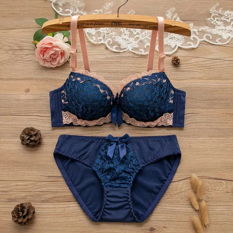 Women 2Pcs Intimates Set Sweet Peach Contrast Lace Floral Bow Underwire Bra Soft Cotton Mid Waist Panties Daily Comfort Lingerie