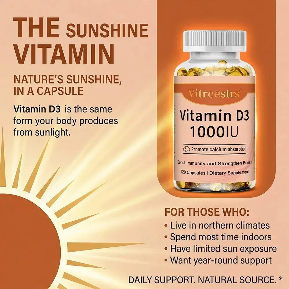 Vitamin D3 1000iu til immunstøtte Sund muskelfunktion og knoglesundhed - Ikke-GMO glutenfri 120 grøntsagskapsler — image 2