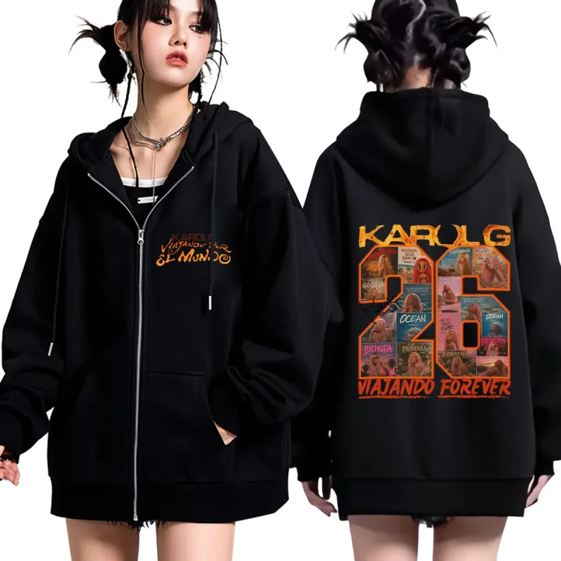 Karol G Viajando Por El Mundo Tropitour 2026 Print Zipper Hoodie Men Women Fashion Sweatshirts Casual Vintage Zip Up Jacket Coat — image 1