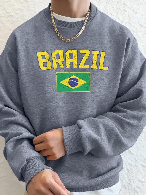 Brazil Letter And Flag Prints Man'S Pocket Streetwear Street Basic Hoody Crewneck Sport Sweatshirts Fleece Trendy Pullovers