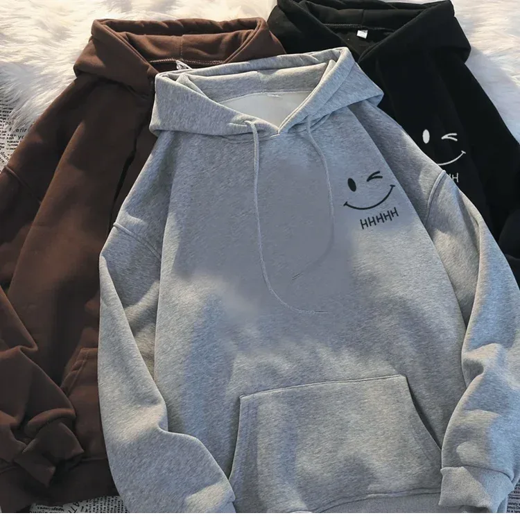 Rosto sorridente masculino engraçado moda casal suéter com capuz americano pesado solto engrossado cashmere meninos moletom com capuz topo — image 5