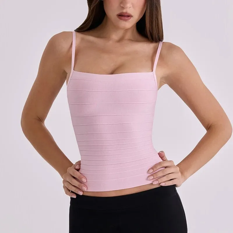 Women Summer Solid Color Bandage Camisole Slim Fit Square Neck Spaghetti Strap Ribbed Knit Cami Top — image 4