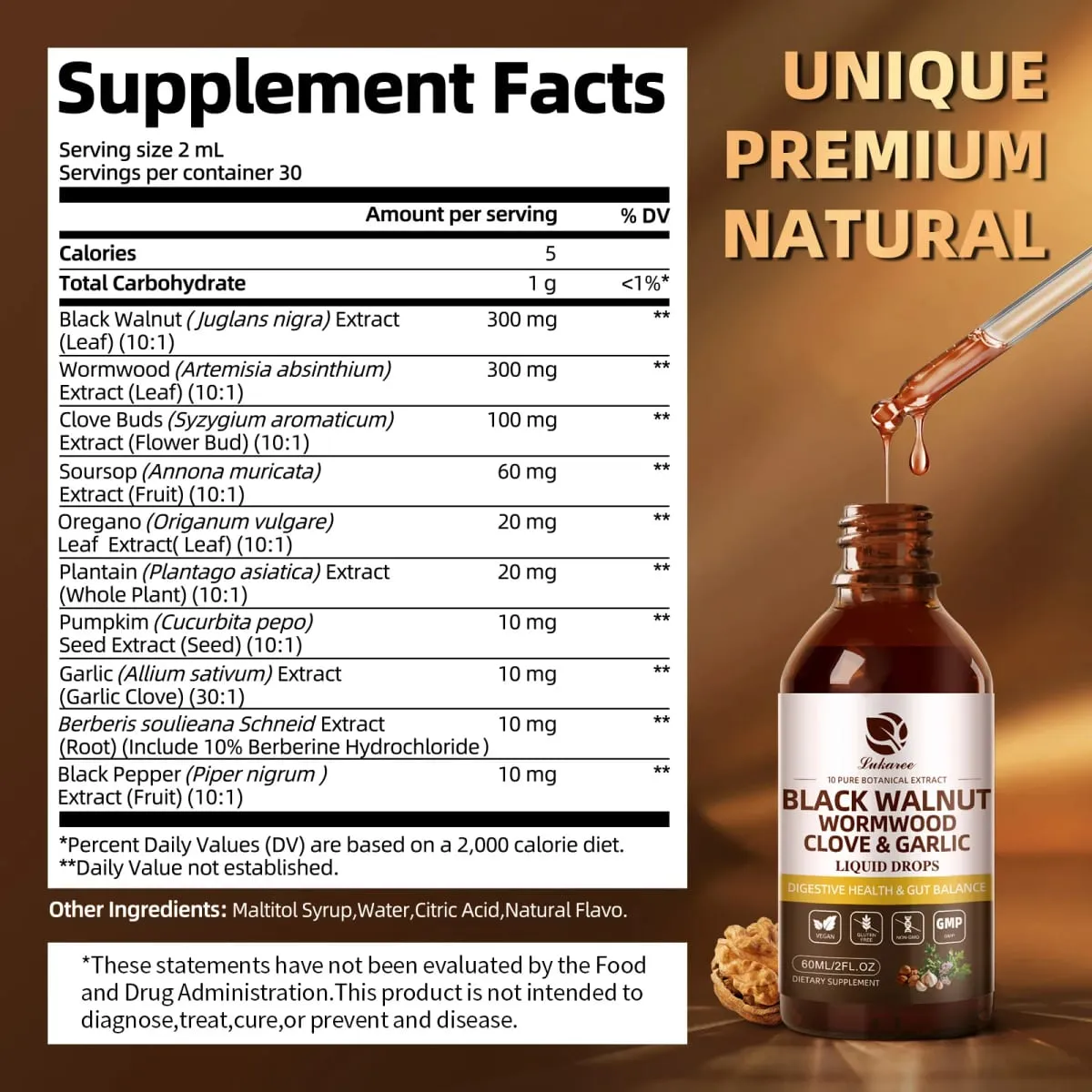 Lukaree 10 IN 1 Black Walnut Wormwood Drop Rapid Gut Cleanse & Digestive Health Detox 98% Absorption Vegan Gluten-Free