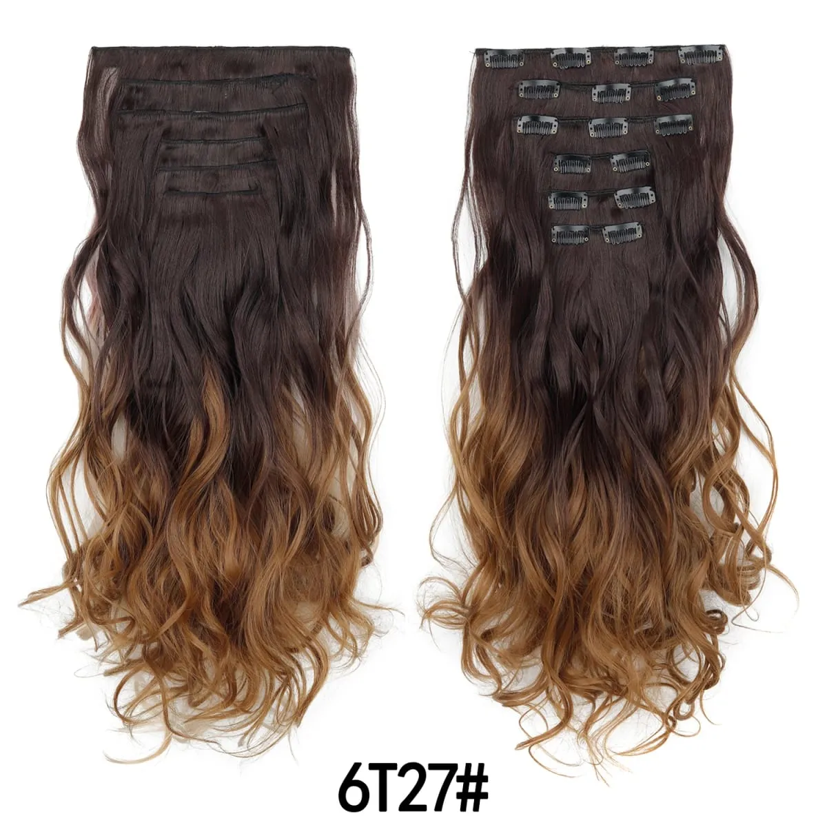Grampo em extensões de cabelo 6 pçs peruca 20 Polegada longo ondulado sintético grosso trama dupla cabelo para mulheres cor gradiente uso diário — image 11