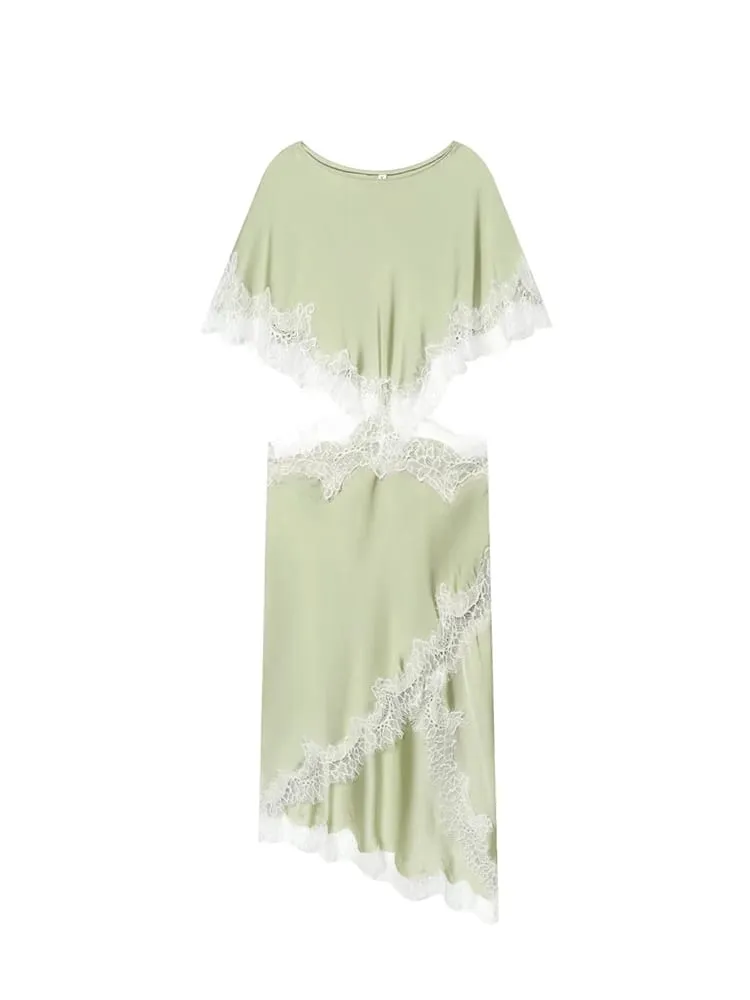 Women's Lace Trim Dress Cloak Sleeve Asymmetric Hem Cut Out Mini Dress Elegant Street Fashion Casual O Neck Dresses — image 5