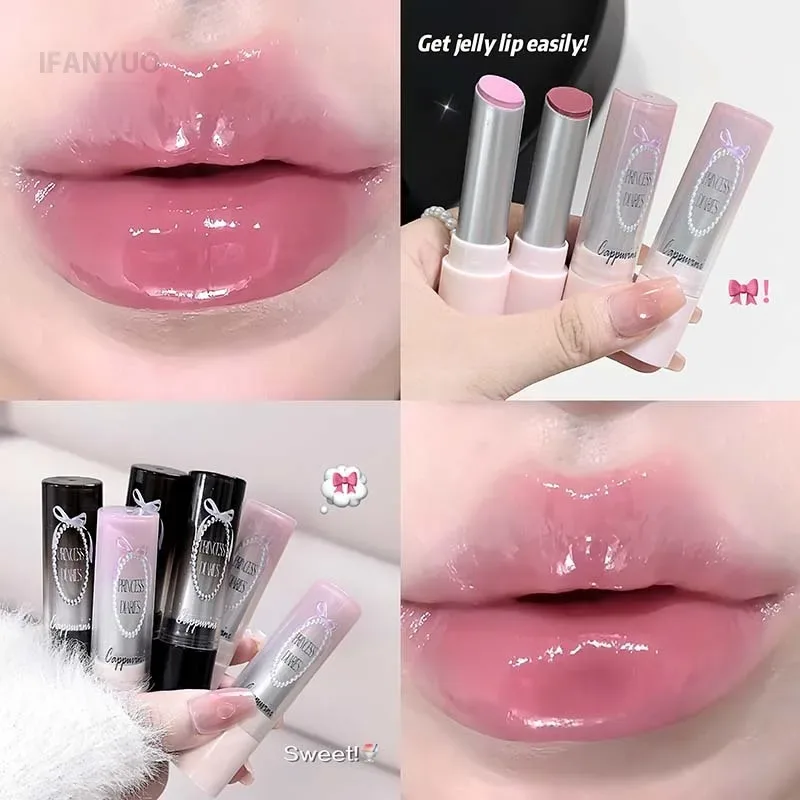 Kaca Cermin Kristal Merah Jambu Pepejal Lip Gloss Tiub Bulat Gincu Air Ringan Jeli Jelas Sapuan Bibir Coklat Bogel Pelembap Bibir — image 4