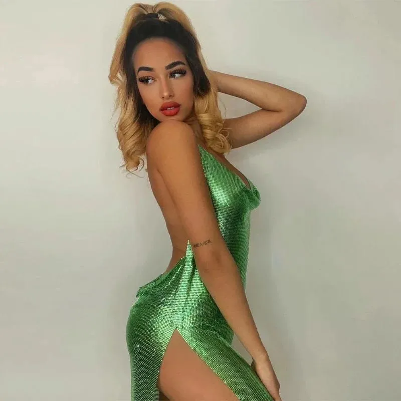 Sexy And Fashionable V Neck Metal Sequin Cami Dress Draped Swinging Collar Backless Mini Dress Women Party Girl Dance — image 5
