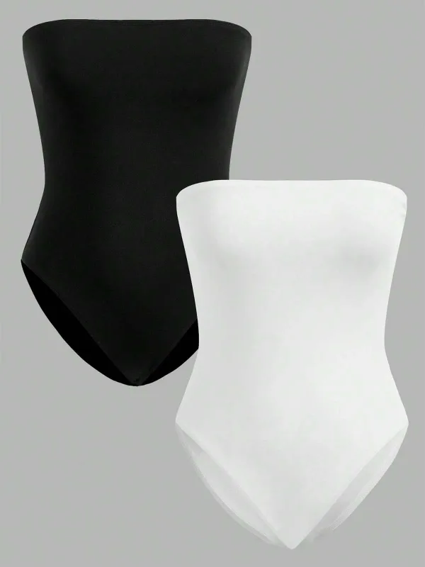 2-teiliger, nahtloser, trägerloser Damen-Bodysuit – schwarz-weiß, schmal geschnittener Tube-Top-Stil, bequemer Stretchstoff