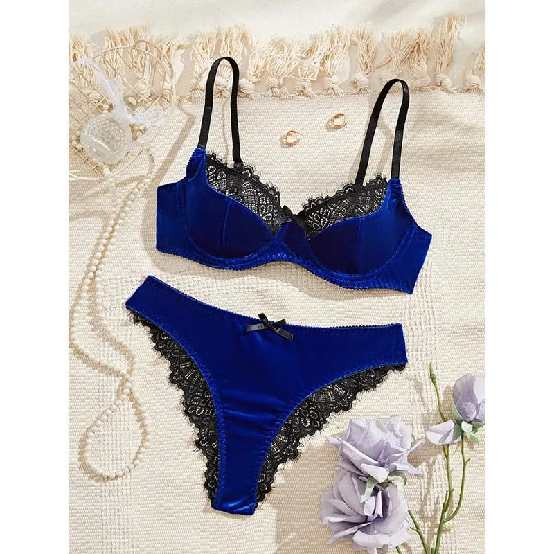 Sexy Female Lingerie Luxury Velvet Bra Set Lace Splicing Underwear Three-point Women's Lingerie Comfortable Intimate Underwear — image 2
