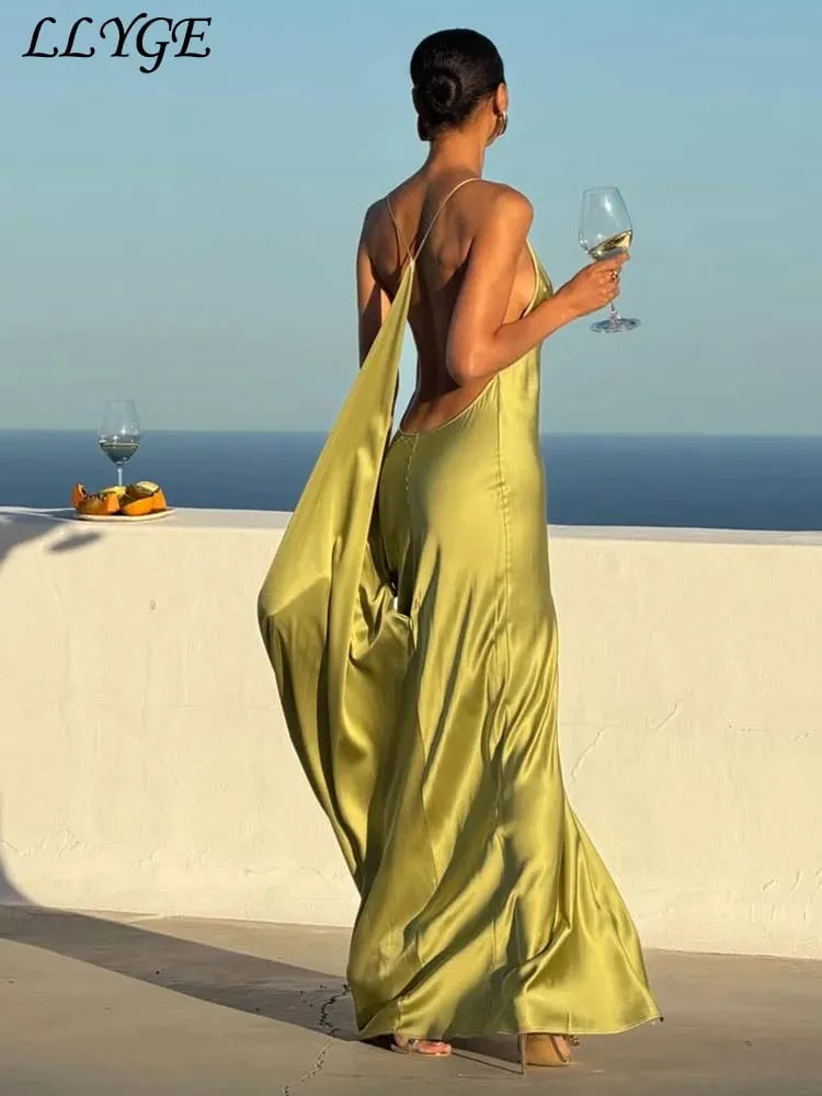 Elegant Satin Ribbon Backless Women's Long Dress Pleated V-neck Slit Beach Party Dresses 2026 Summer Lady Solid Evening Robes — image 2