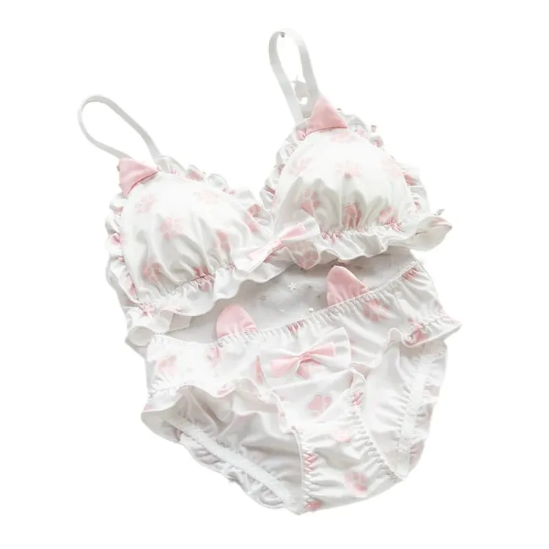 Japanse zachte meisjesbeha set schattig katje pootontwerp melkzijde stof draadvrije driehoekige cup dameslingerie — image 2