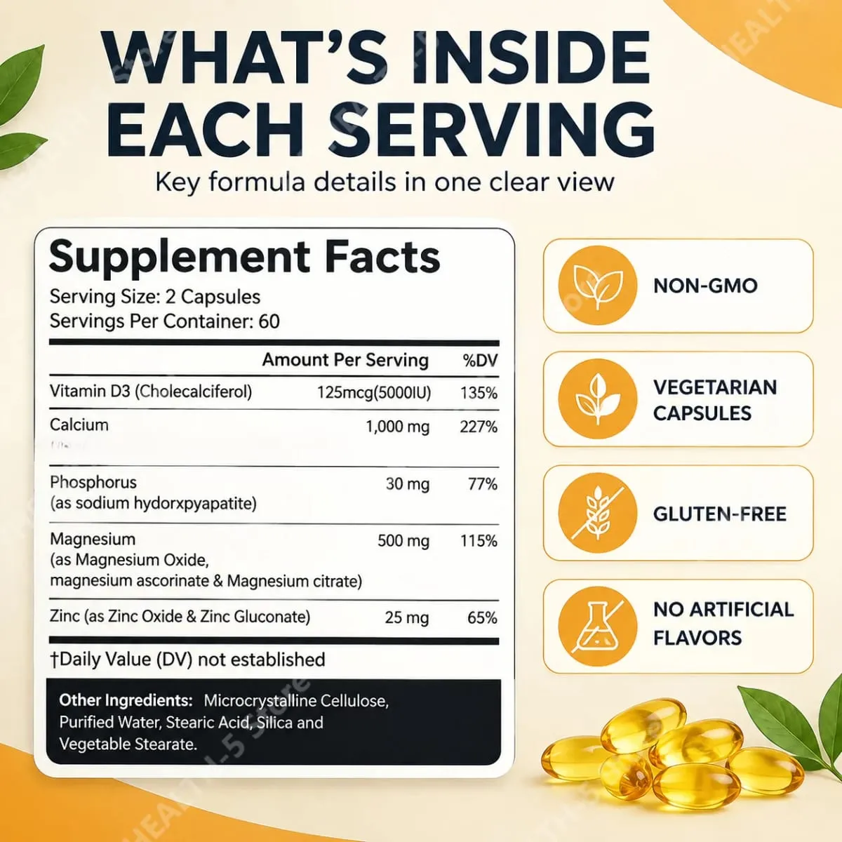 Calcium Magnesium Zinc Softgels Bone & Teeth Support Vitamin D3 Supplement Supports Muscle Health & Immune Function 120 Capsules