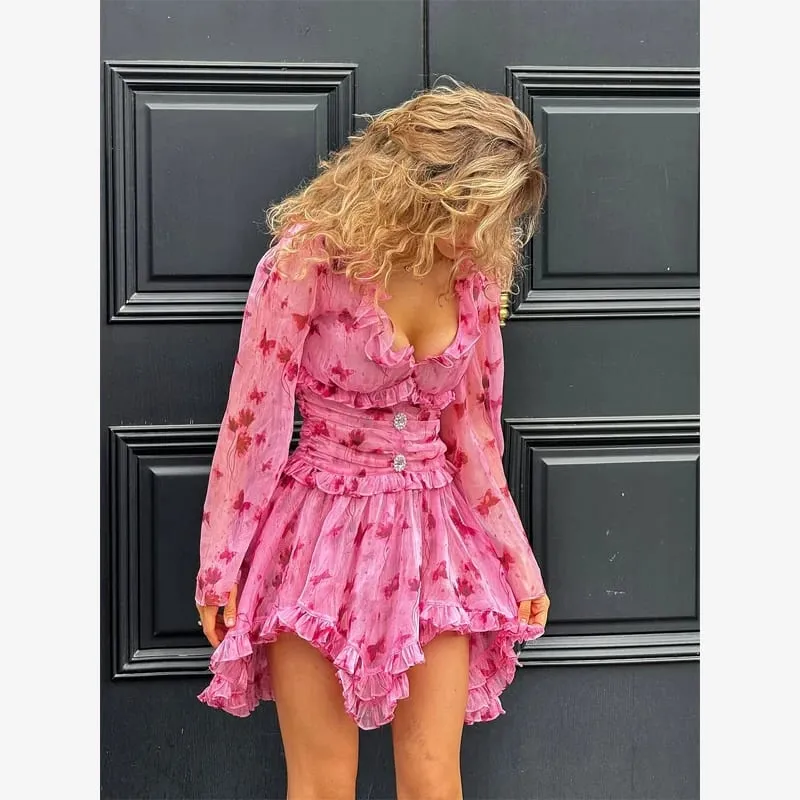 Deep V-neck Slim Short Dress Lady Casual Floral Print Long Puff Sleeve Ruched Hem Bodycon Dresses Women Party Vacation Gown — image 13