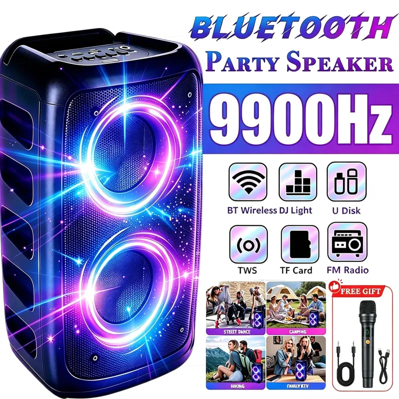 Alto-falante Bluetooth profissional grande de 9900 Hz com microfone Design portátil com subwoofer Party Box Luzes LED Compatível com BT / USB / TF / AUX / FM / TWS / MIC / EQ Funções Karaokê profissional. Presente ideal para aniversários, Natal e Ano Novo