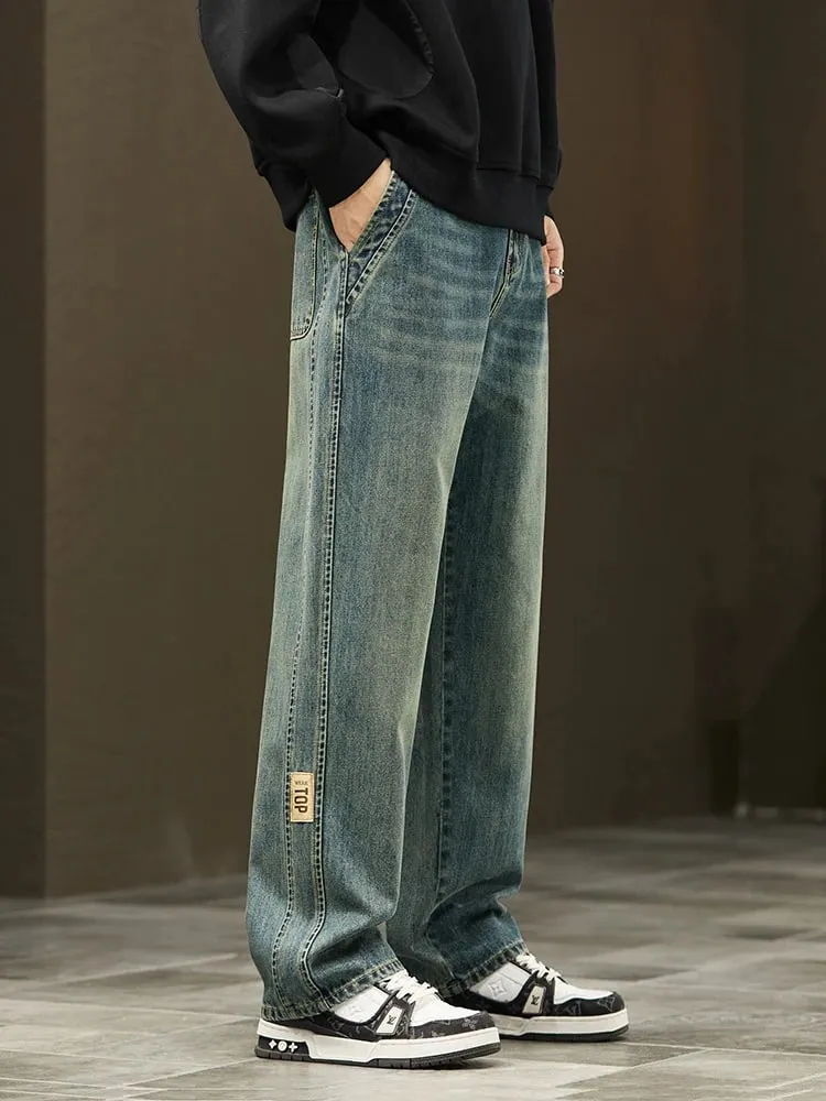 Korean Loose Wide Legs Jeans Men's Vintage Wash Denim Pants Fashion Streetwear Casual Baggy Straight Male Trousers