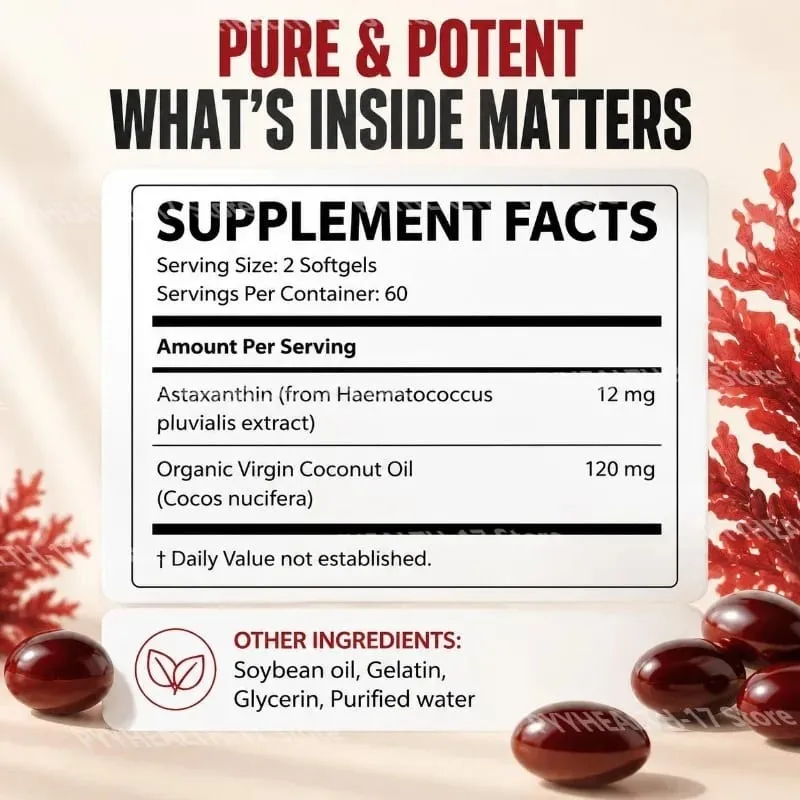 Astaxanthin Softgels From Microalgae Promotes Collagen Production Soy Free Gluten Free Non GMO Triple Strength 120 Softgels — image 2
