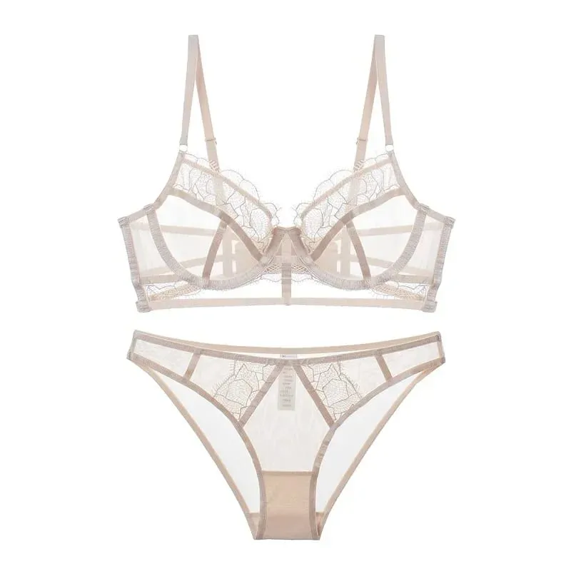 Ultra-Thin Embroidery Mesh Lingerie Set with Steel Ring Push-Up for Large Breasts & Sexy Look