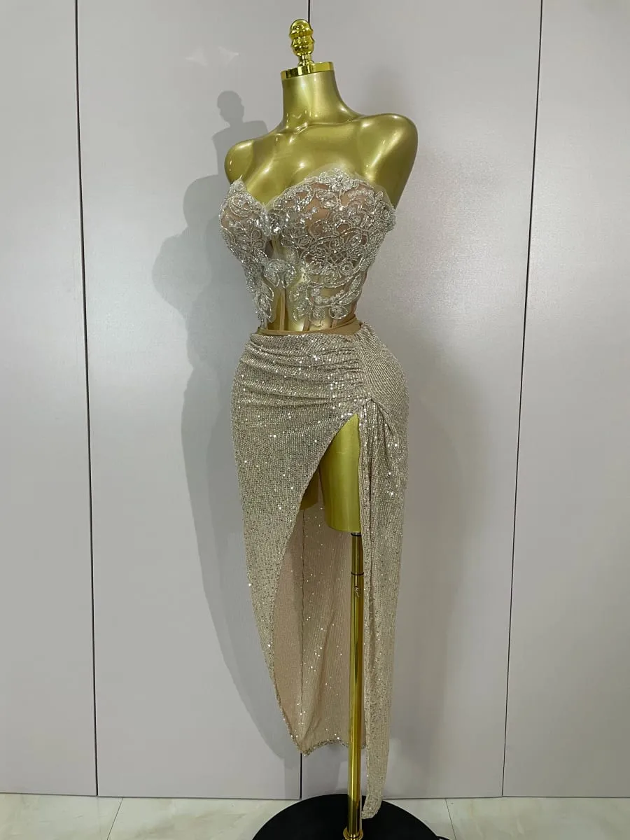 Brilhante lantejoulas miçangas sexy sem alças duas peças conjunto feminino noite celebrar boate festa de luxo vestido de aniversário traje de palco — image 2