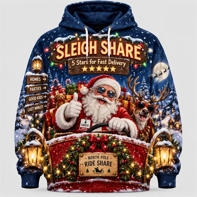 Funny Santa Christmas Hoodie 3D Print Karaoke Sleigh Repair Laundry Snack Holiday Party Pullover Winter Streetwear Gift — image 7