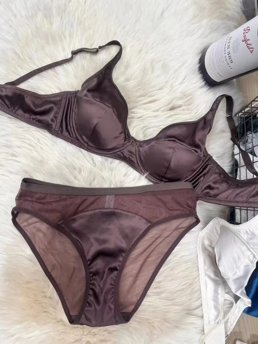 Conjunto de sutiã de cetim reunido, roupa íntima fina e confortável que não deixa marcas, seios grandes mostram pequeno push up lingerie briefs terno — image 2