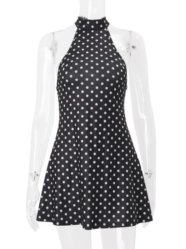Chic sem costas polka dot halter vestido feminino sem mangas fora do ombro rendas até mini vestidos 2026 verão senhora festa de férias robe — image 7