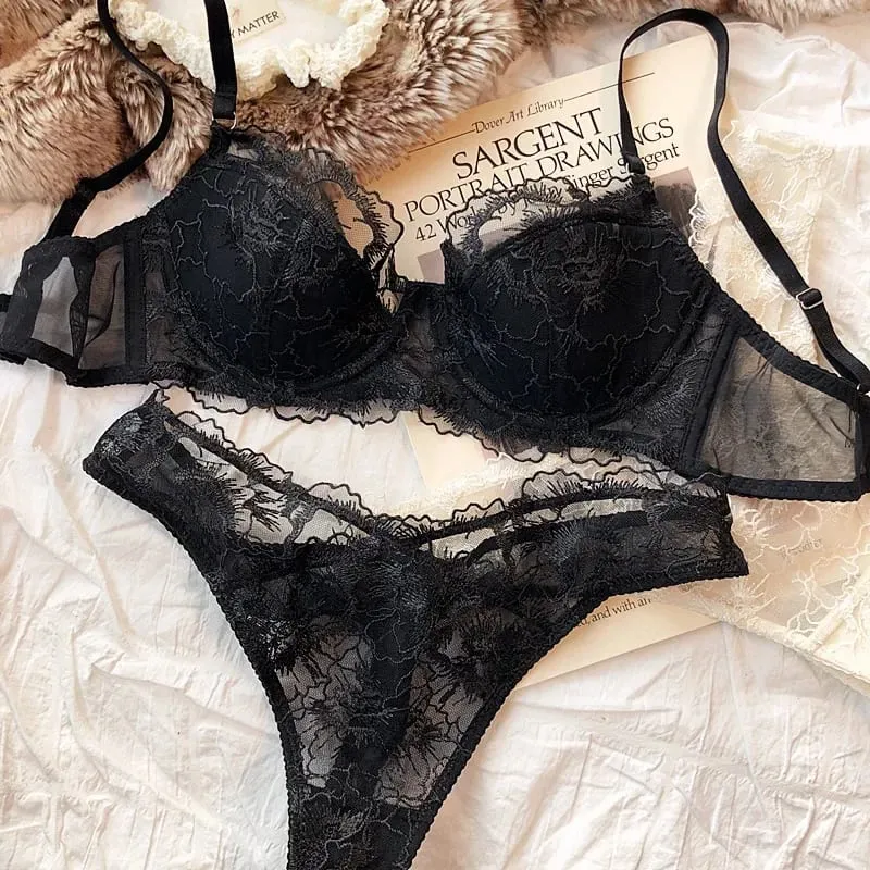 Sexy Women Underwear Set Lace Flowers Embroidery Push Up Bra Set French Thin Cup Comfort Breathable Lingerie Ladies Intimates
