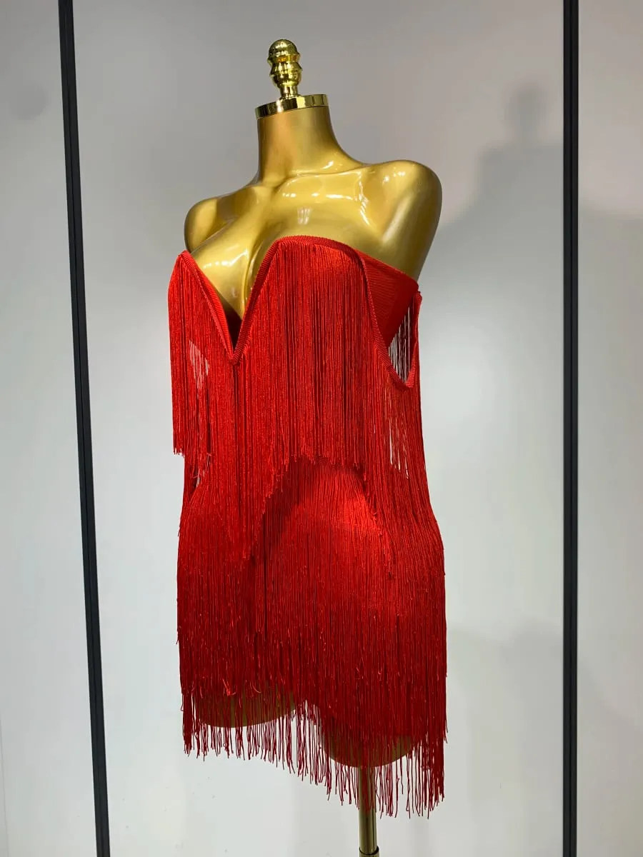 Women Sexy Strapless Tassel Off Shoulder Bandage Dress Fancy Club Celebrity Evening Party Mini Bodycon Dress Birthday Vestido — image 2