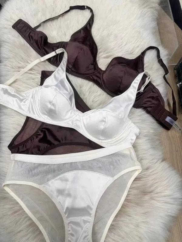 Conjunto de sutiã de cetim reunido, roupa íntima fina e confortável que não deixa marcas, seios grandes mostram pequeno push up lingerie briefs terno — image 6